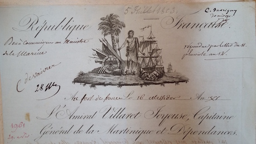 1803 letterhead of the General Captaincy of Martinique and St. Lucie, Archives Nationales d'Outre-Mer at Aix-en-Provence, France (signature FR ANOM C10 C7)